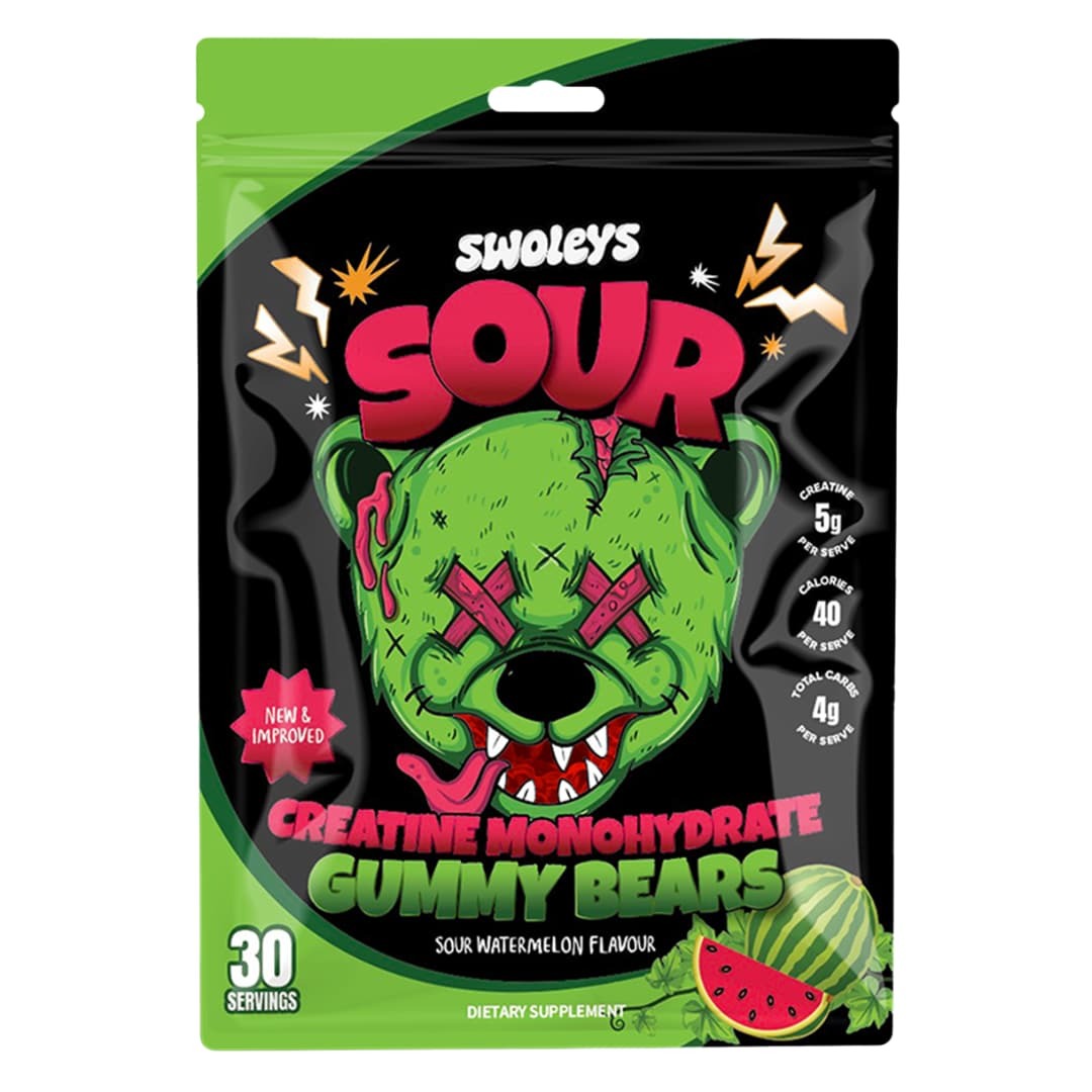 Swoleys Creatine Gummy Bears - Sour Watermelon package with bright green zombie bear design and watermelon illustration