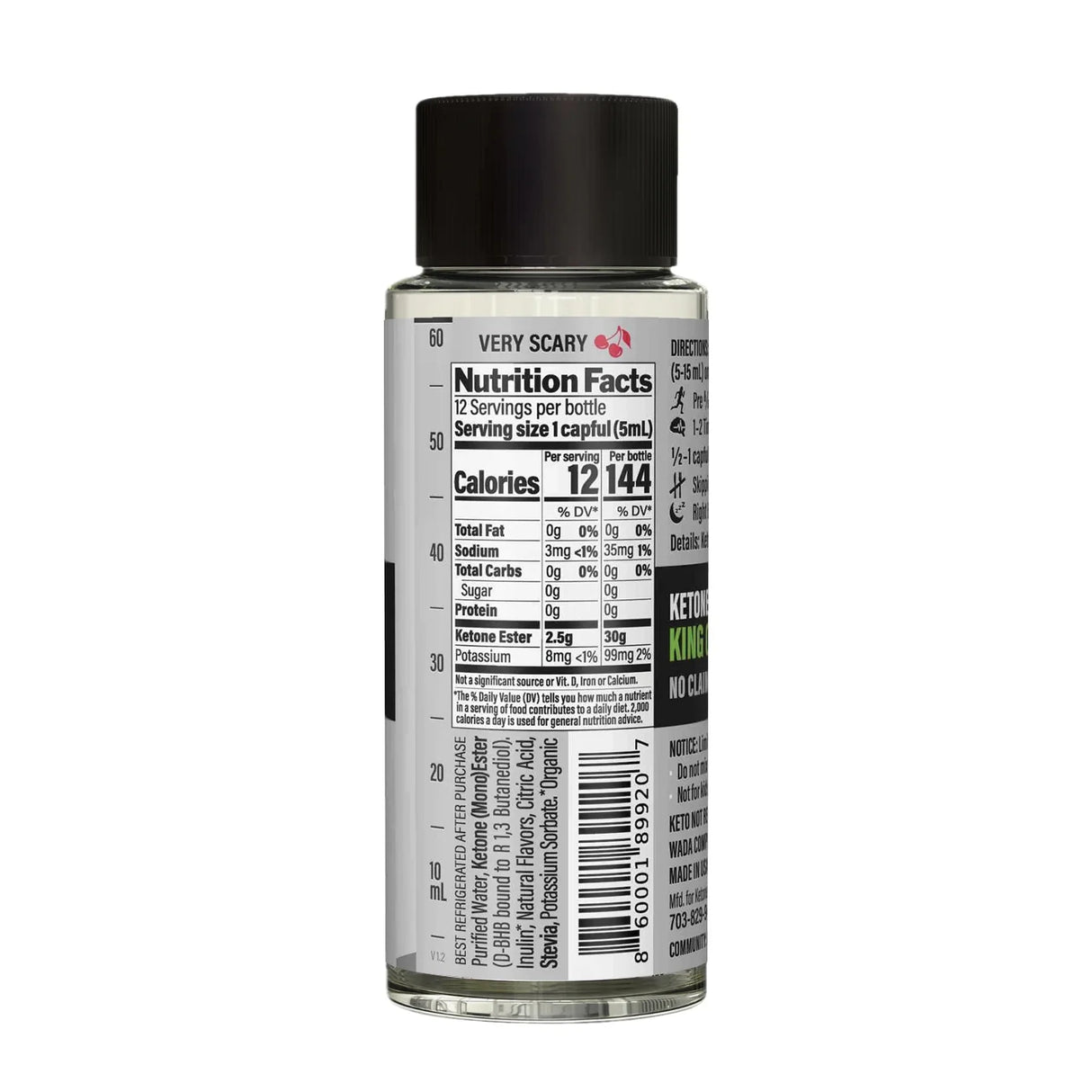 Back view of KE4 Ketone Ester Drink - 60ml bottle showing nutrition facts and ingredient details by Ketoneaid.