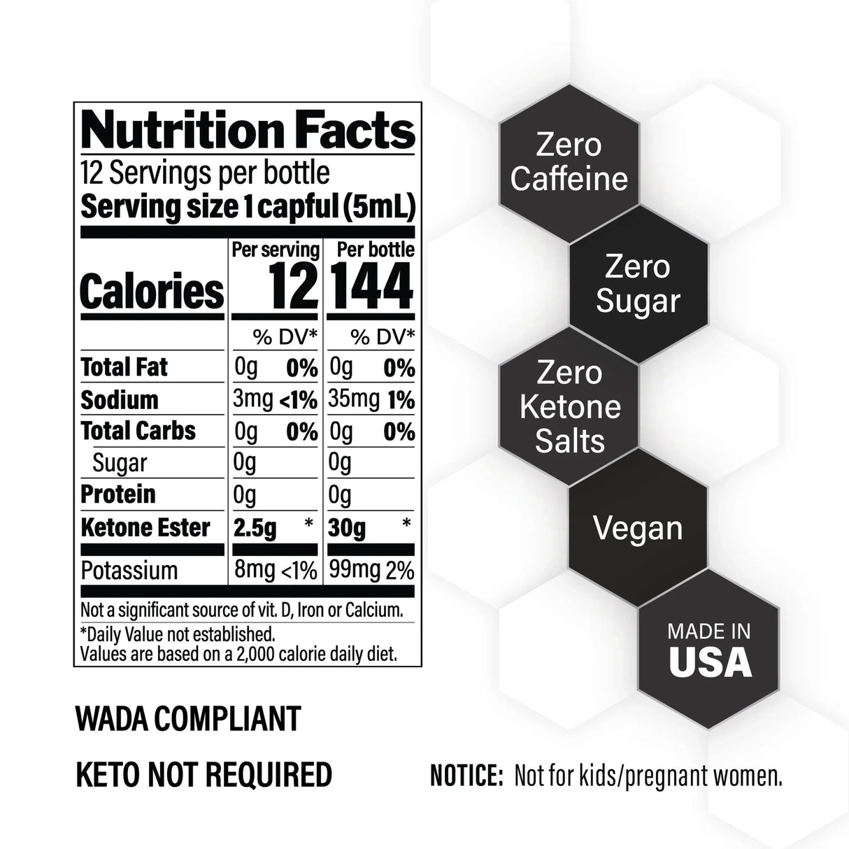 Nutrition facts and key features of KE4 Ketone Ester Drink - 60ml by Ketoneaid, highlighting zero caffeine, sugar, and ketone salts.
