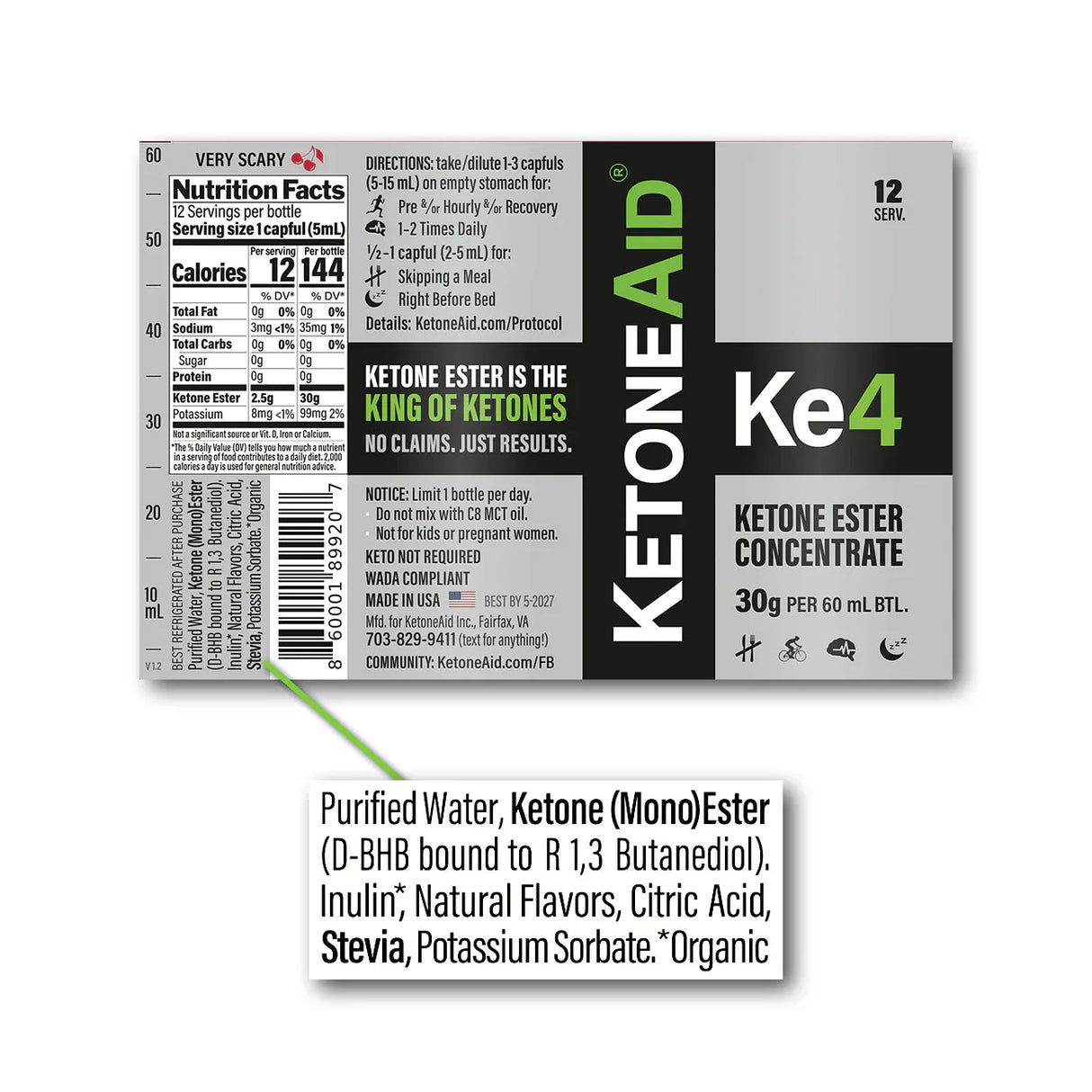 Label of KE4 Ketone Ester Drink - 60ml by Ketoneaid showing nutritional facts and key ingredients list close-up.