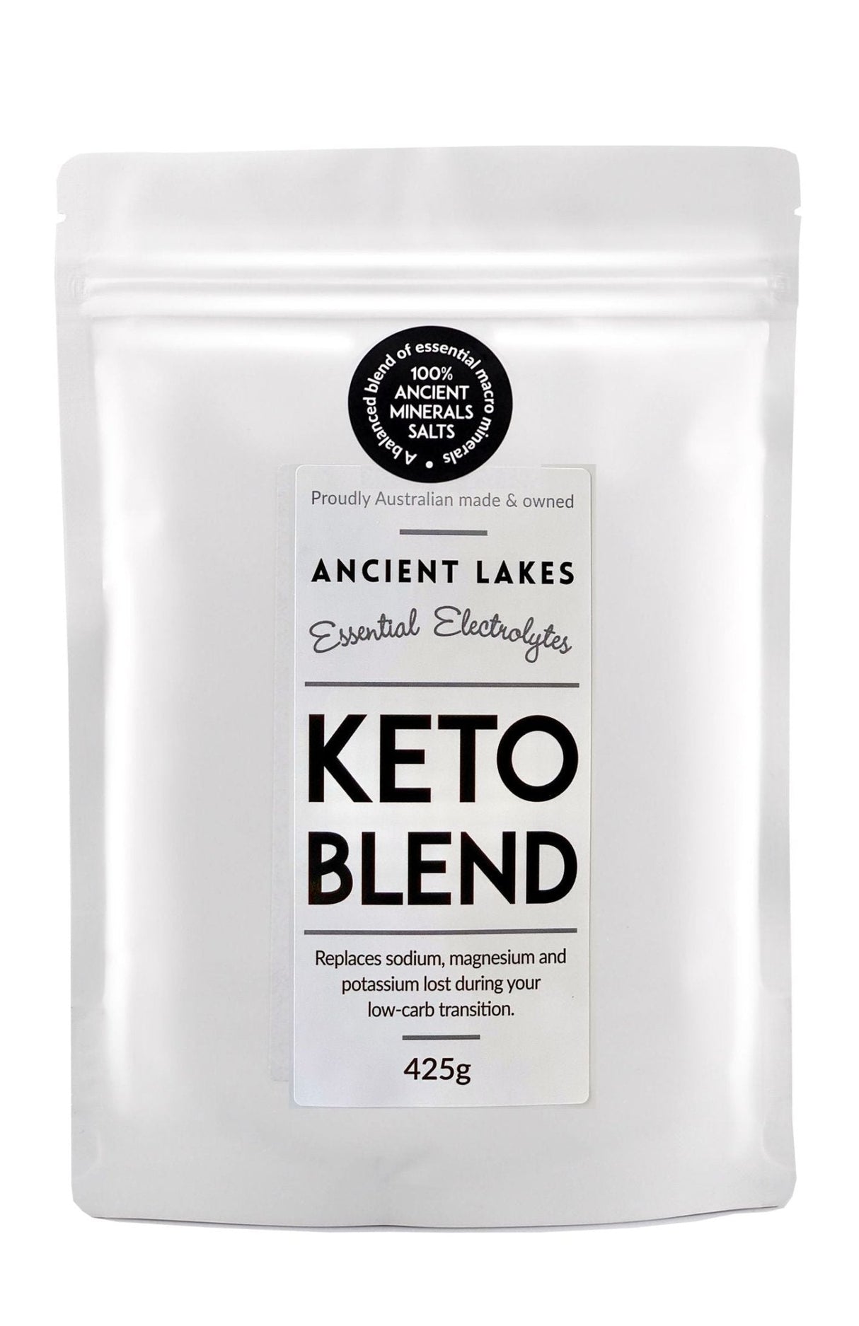 Ancient Lakes Keto Blend - 425g electrolyte powder in white resealable pouch for low-carb and fasting support