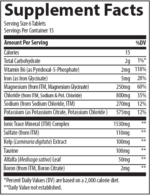 Supplement facts label for Keto Electrolyte Tablets - 90 Tablets by Trace Minerals, showing minerals and vitamins per serving.