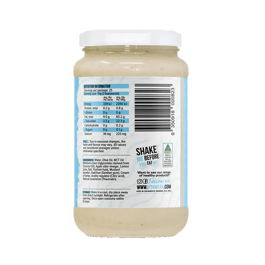 Nutrition facts and ingredient label for Keto Mayo - Classic - 375ml by Vitawerx with storage and usage instructions.