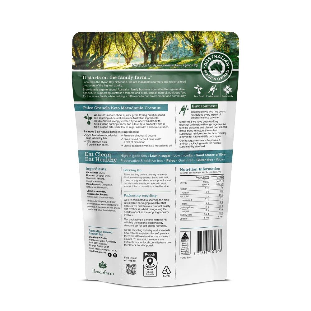 Back of Keto Premium Paleo Granola - Macadamia & Coconut - 300g by Brookfarm showing ingredients, nutrition, and packaging details.