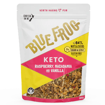 Blue Frog KETO Raspberry, Macadamia, and Vanilla - 300g granola pouch with nut and seed blend in Pantry and Breakfast collections