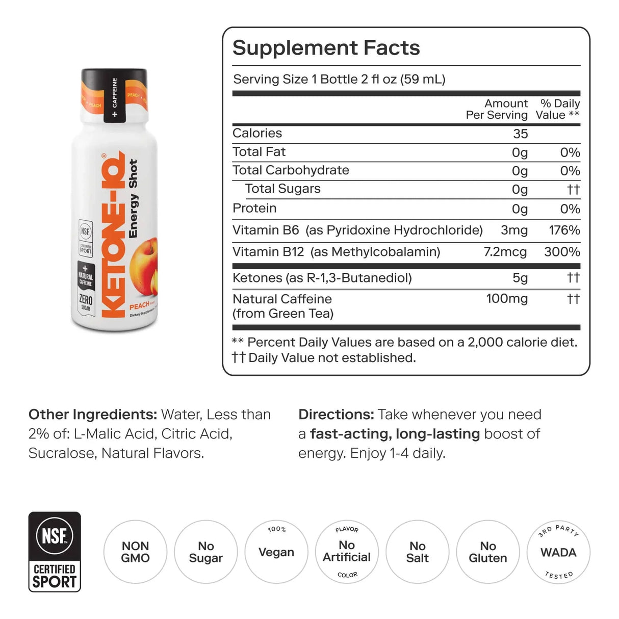 Ketone-IQ - Energy Shot - Peach - 59ml x 6 by HVMN with nutrition facts and ingredient details for low carb, keto use.