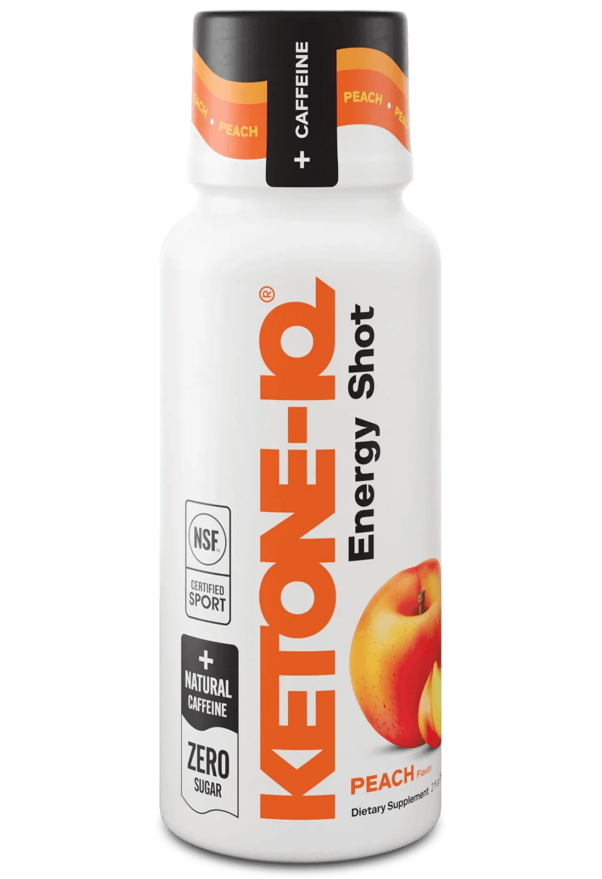 Bottle of Ketone-IQ - Energy Shot - Peach - 59ml x 6 by HVMN with natural caffeine and peach flavor label.