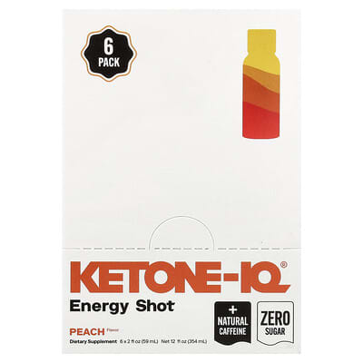 Ketone-IQ - Energy Shot - Peach - 59ml x 6 package by HVMN for Low Carb and Dirty Keto with natural caffeine and zero sugar