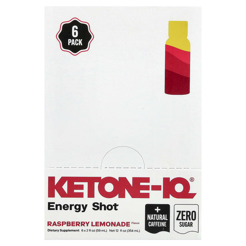 Packaging of Ketone-IQ - Energy Shot - Raspberry Lemonade - 59ml x 6 by HVMN in white box with natural caffeine and zero sugar labels.