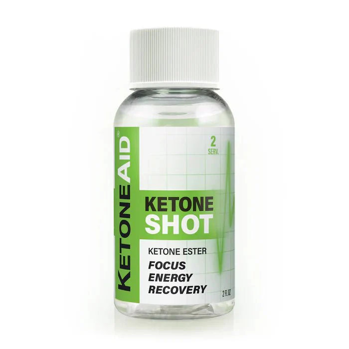 Small clear bottle of Ketone Shot 60ml x 12 by Ketoneaid with green and white label promoting focus energy and recovery