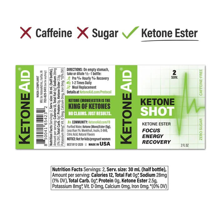 Ketone Shot 60ml x 12 by Ketoneaid with caffeine-free, sugar-free ketone ester formula for energy, focus, and recovery.