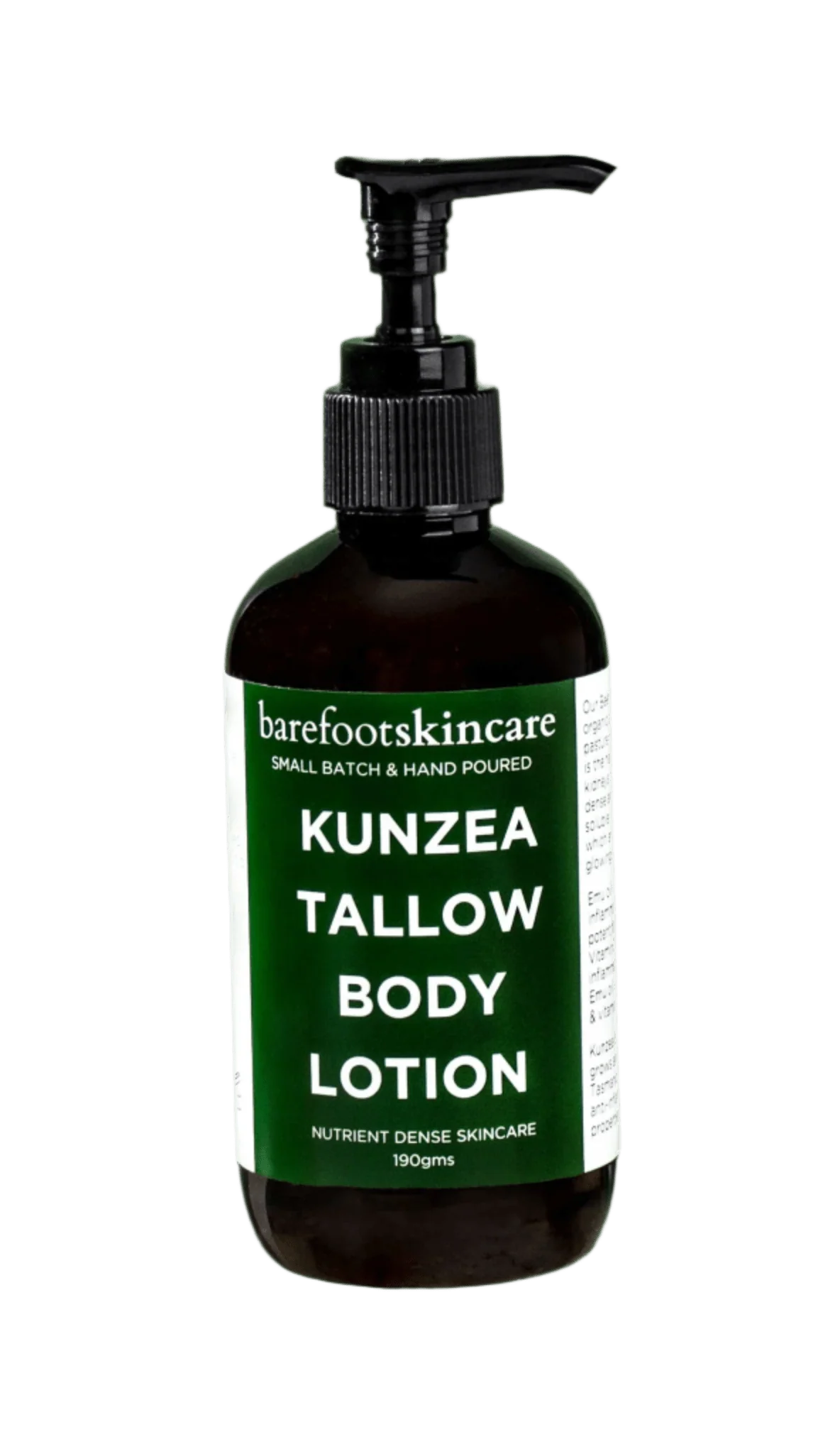 Kunzea Tallow Body Lotion - 190ml by Barefoot Skincare Co in dark bottle with green and white product label and black pump dispenser