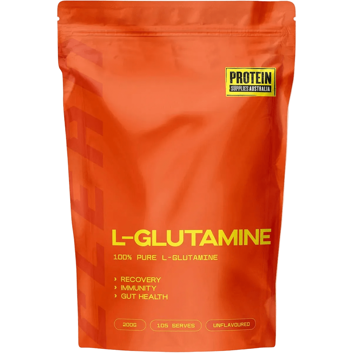 L-Glutamine - Pure - 200g by Protein Supplies Australia in orange packaging for recovery and gut health