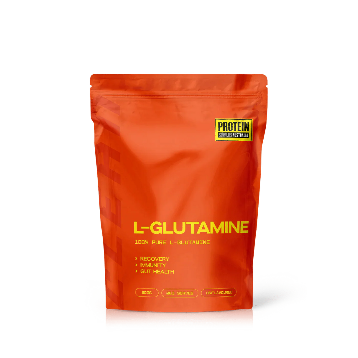 Red pouch of L-Glutamine - Pure - 500g by Protein Supplies Australia highlighting recovery and immunity benefits