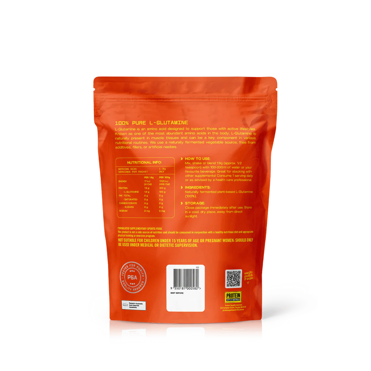 Back of L-Glutamine - Pure - 500g pouch by Protein Supplies Australia showing nutritional and usage details