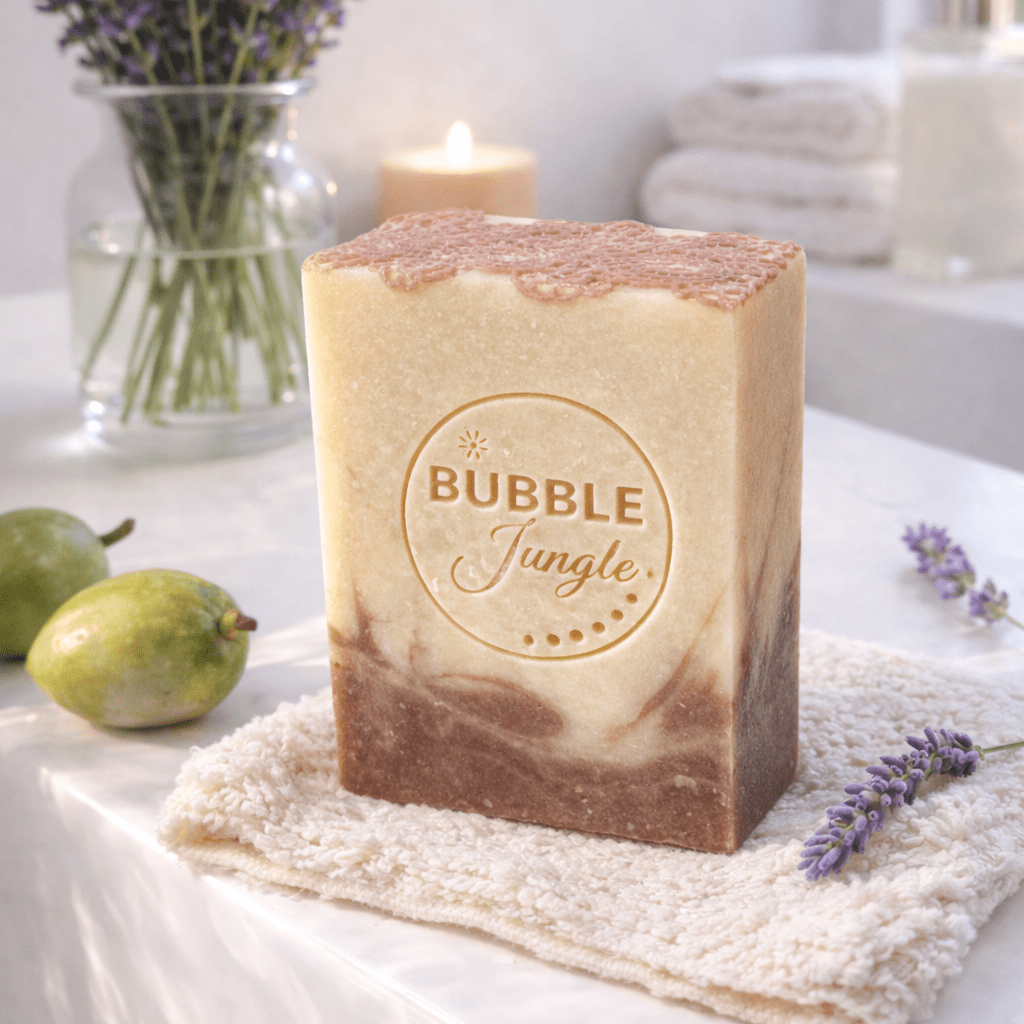 Laced Lavender Tallow Soap - 160g from The Bubble Jungle, featured with lavender and natural decor, bathroom setting.
