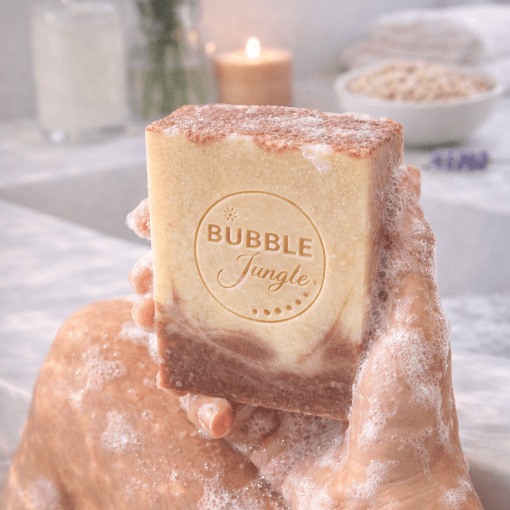 Lathered hands holding Laced Lavender Tallow Soap - 160g from The Bubble Jungle, part of Animal Fats and Skincare collections.