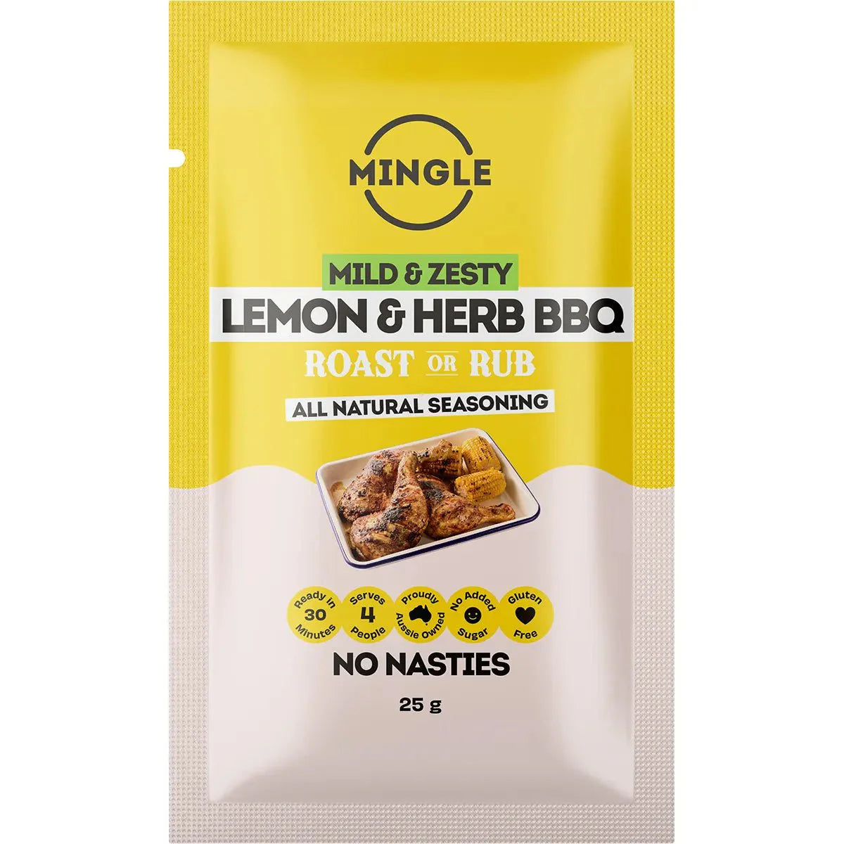 Lemon & Herb BBQ Seasoning - 25g by Mingle in yellow pouch, mild zesty flavor for roast or rub cooking.