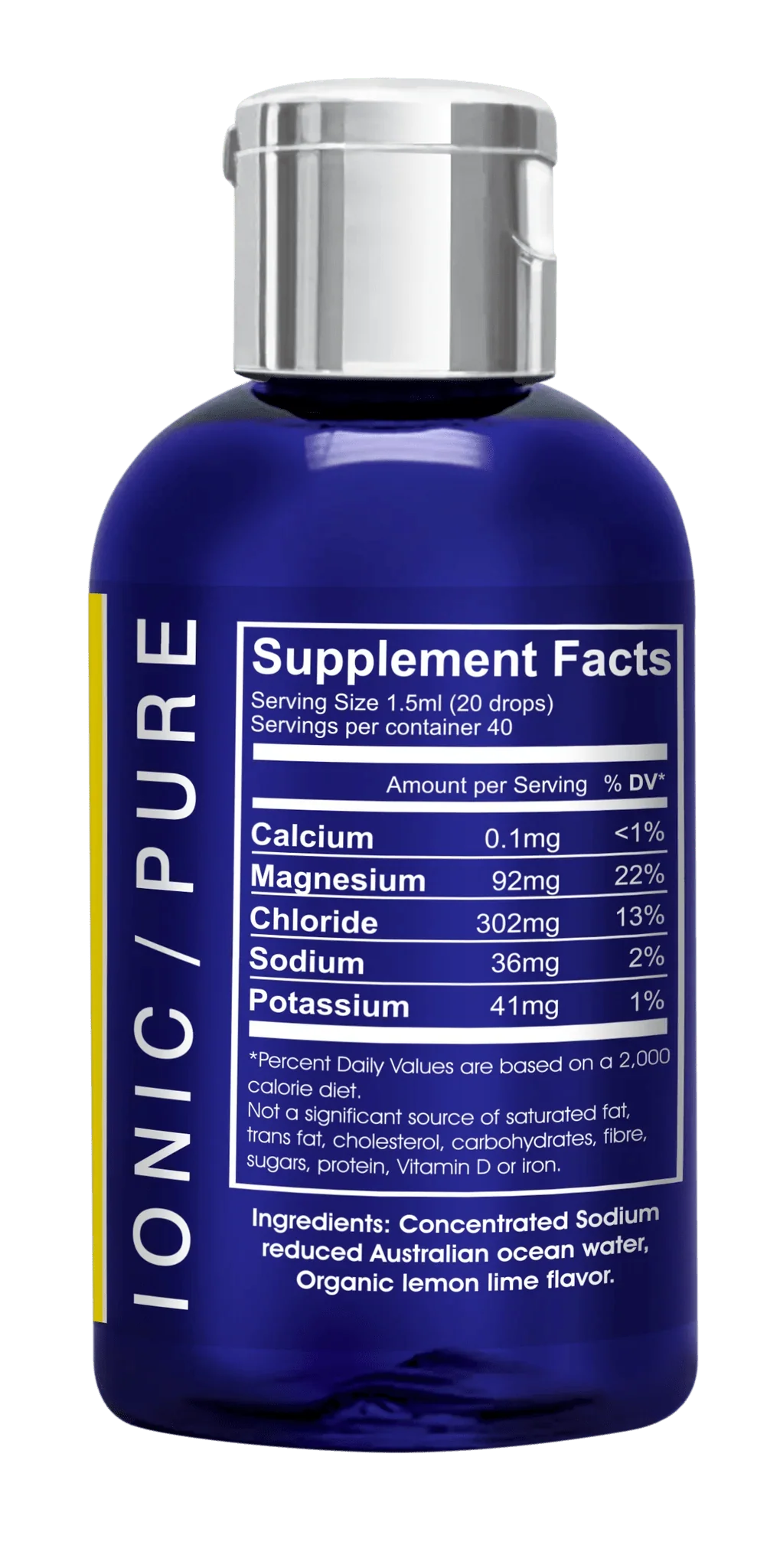 Lemon Lime Electrolyte Drops - 60ml with supplement facts and ingredients on a blue bottle from Aussie Trace Minerals
