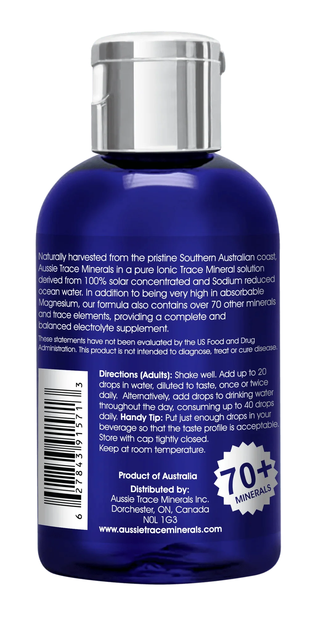 Back of Lemon Lime Electrolyte Drops - 60ml bottle with usage directions and mineral supplement information by Aussie Trace Minerals