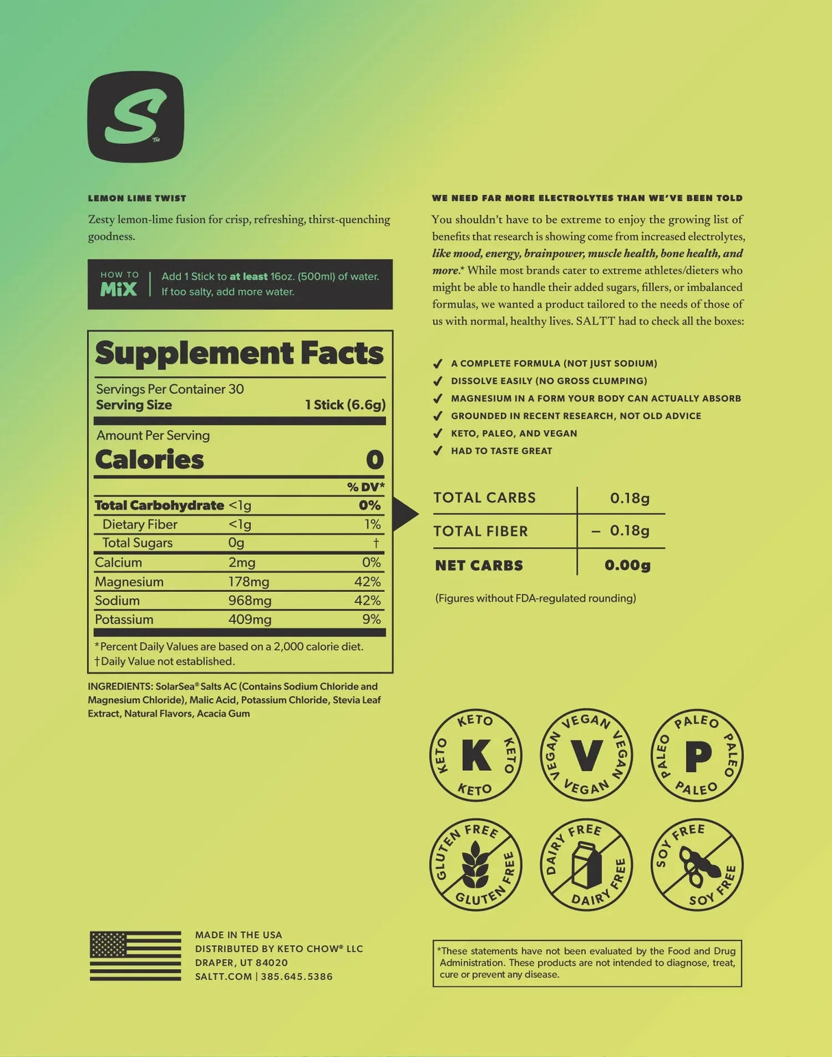 Nutrition facts and usage instructions for Lemon Lime Twist Electrolyte Drink Mix - 30 Sticks by SALTT with ingredient details