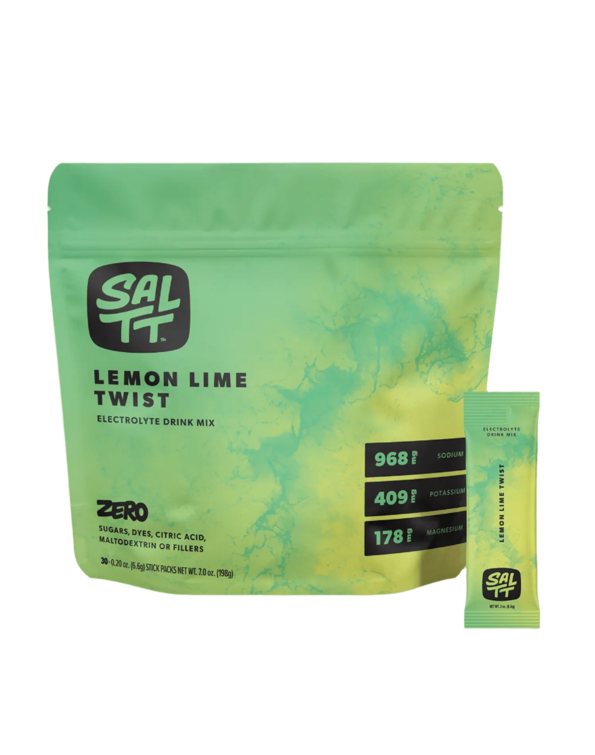 Lemon Lime Twist Electrolyte Drink Mix - 30 Sticks by SALTT in green resealable pouch with individual stick pack, low carb electrolyte blend