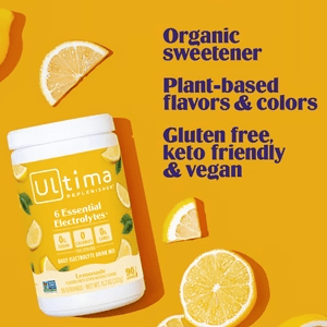 Lemonade Electrolyte Drink Mix - 90 Serves by Ultima Replenisher with organic sweetener and plant-based flavors, vegan and keto-friendly.