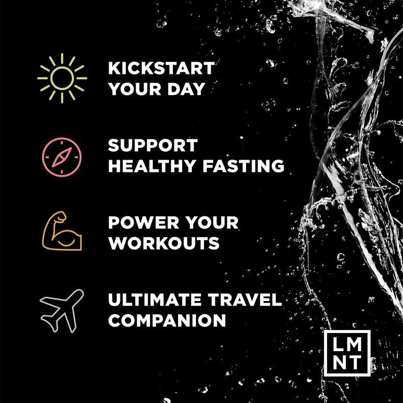 LMNT Big Variety Pack - 30 Sticks benefits including kickstarting your day, supporting healthy fasting, powering workouts, and being an ultimate travel companion.