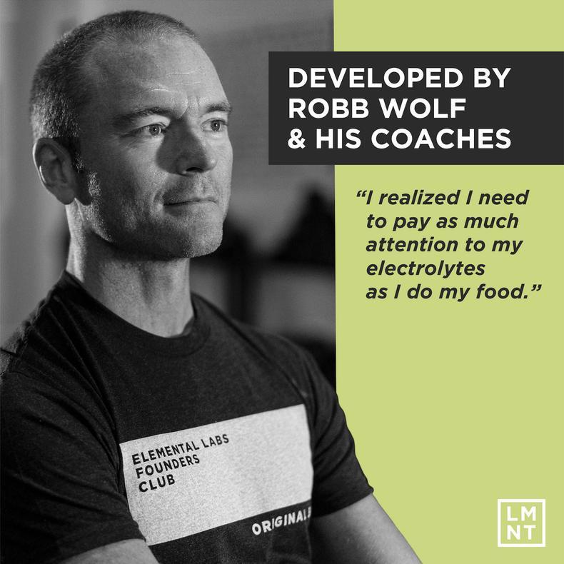 Black and white photo of a man wearing an Elemental Labs shirt next to text highlighting Robb Wolf's development of LMNT Big Variety Pack - 30 Sticks electrolyte products with a quote about focusing on electrolytes.