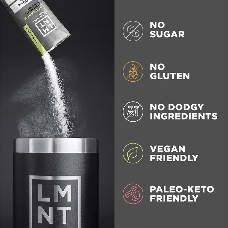 LMNT Big Variety Pack - 30 Sticks by LMNT pouring powder into branded black shaker with icons highlighting no sugar, gluten, dodgy ingredients, vegan, and paleo-keto friendly