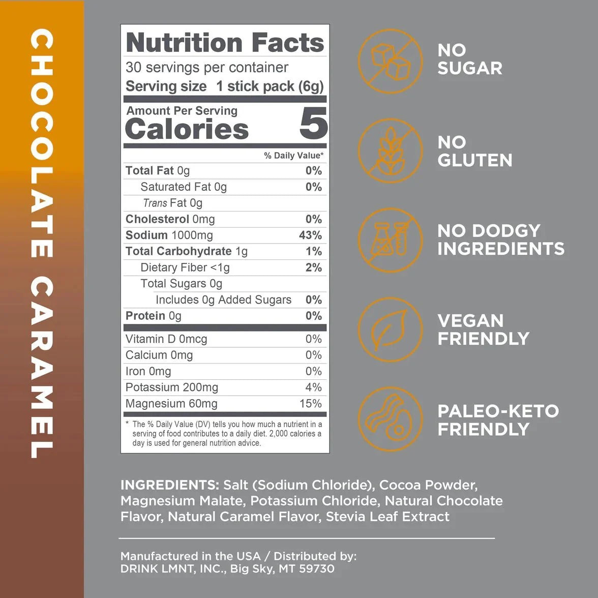 Nutrition facts panel for LMNT Big Variety Pack - 30 Sticks by LMNT showing calories, sodium, minerals, and vegan, paleo-keto friendly icons with ingredients list.