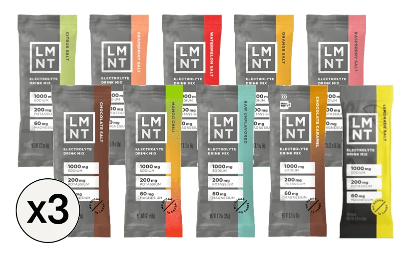 LMNT Big Variety Pack - 30 Sticks featuring multiple electrolyte drink mix flavors by LMNT, designed for keto and low carb hydration support.