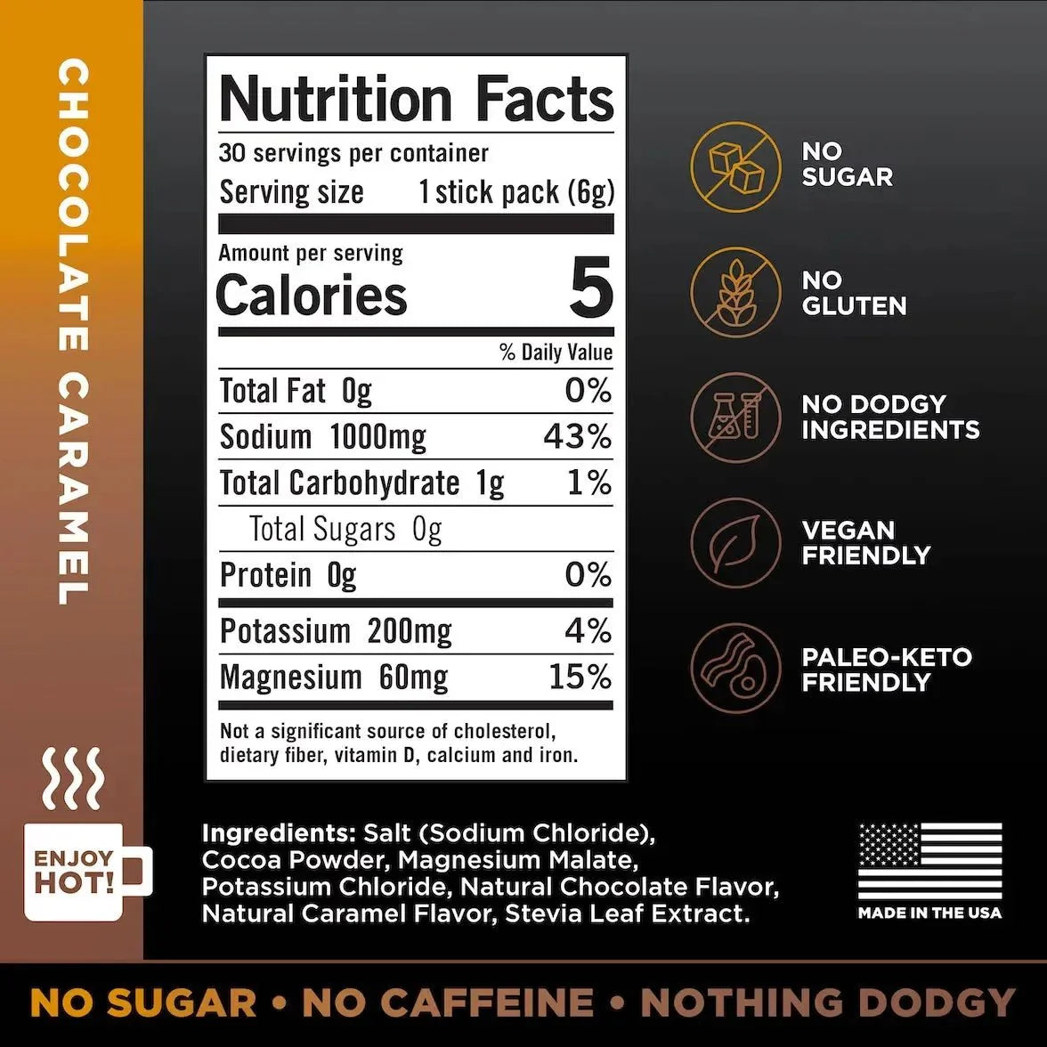 Nutrition facts and ingredient details for LMNT Chocolate Caramel Electrolyte Mix - 30 Sticks by LMNT, highlighting keto-friendly, vegan, and paleo attributes.
