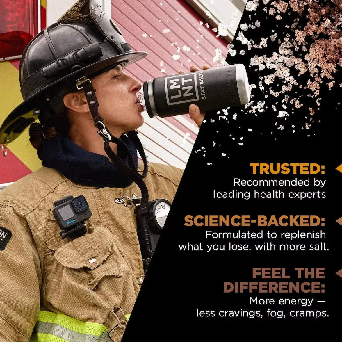Firefighter drinking from a water bottle featuring LMNT logo paired with text highlighting LMNT Chocolate Caramel Electrolyte Mix - 30 Sticks as trusted, science-backed hydration by LMNT.