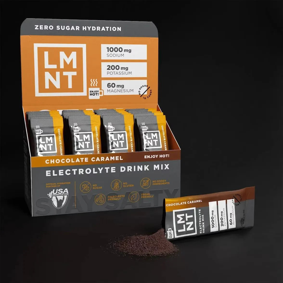 Open box of LMNT Chocolate Caramel Electrolyte Mix - 30 Sticks by LMNT with individual stick spilling powder, keto-friendly low carb hydration drink mix.