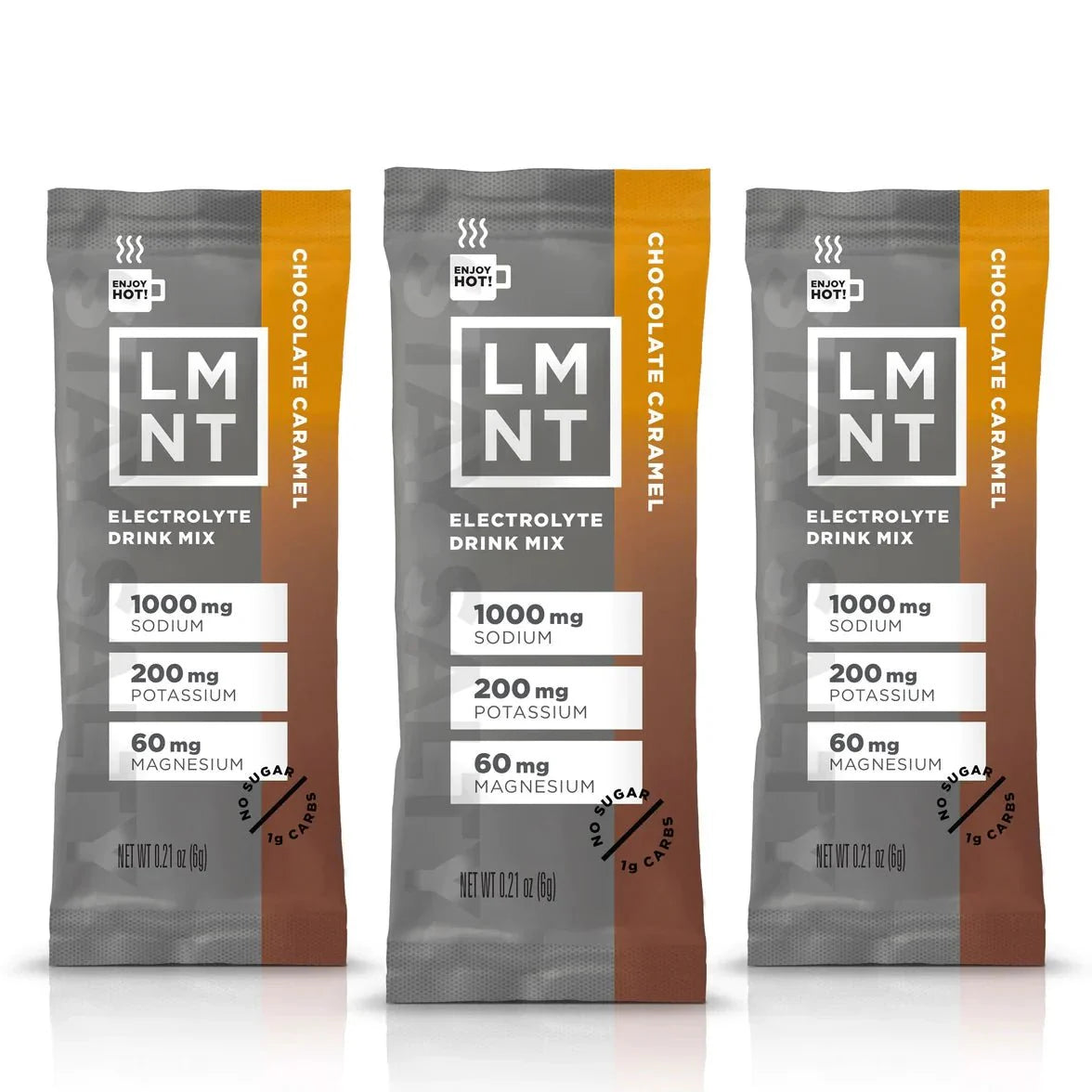LMNT Chocolate Caramel Electrolyte Mix - 30 Sticks packets showing sodium, potassium, and magnesium content on front panel