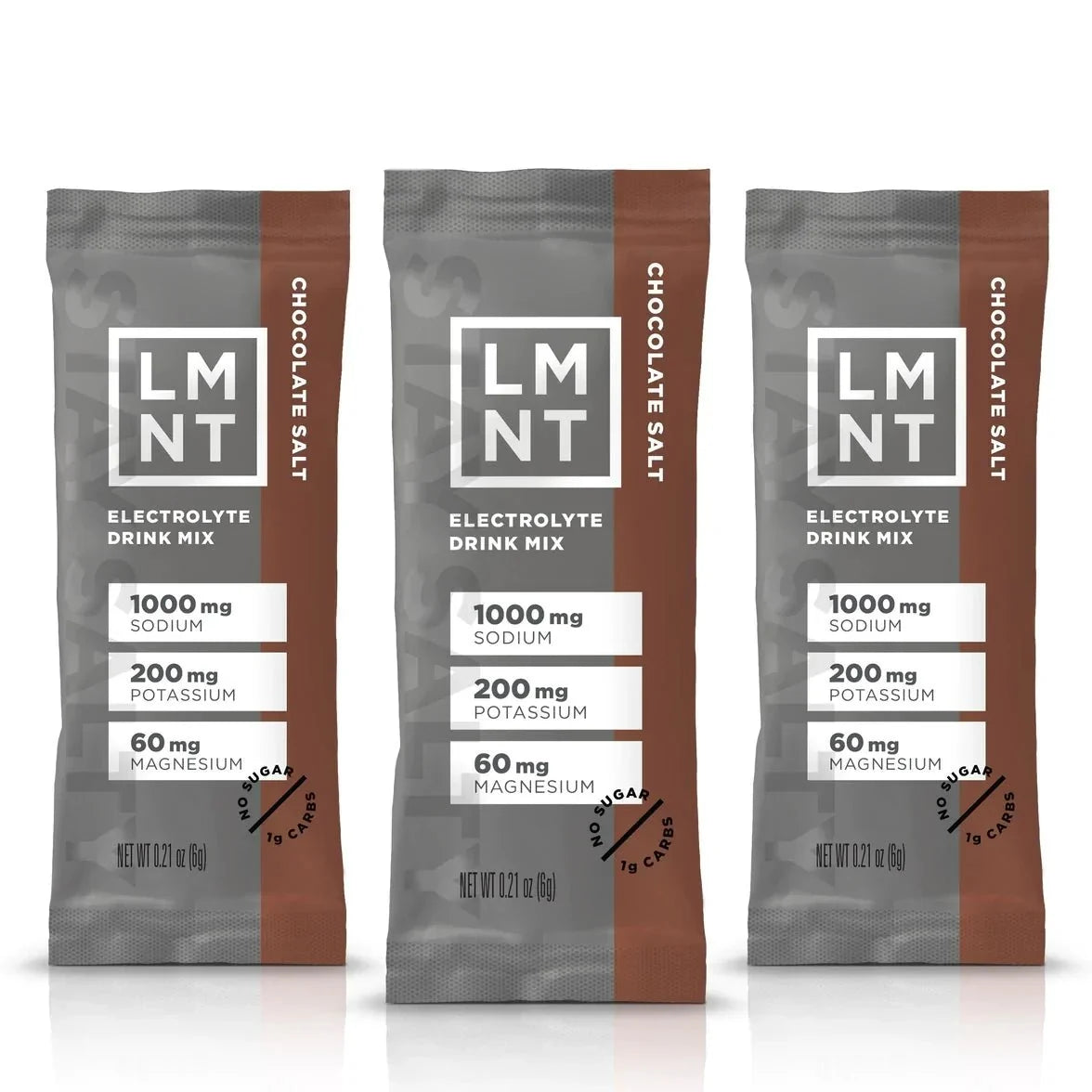 LMNT Chocolate Salt Electrolyte Mix - 30 Sticks packets displaying sodium, potassium, and magnesium content on brown and gray packaging