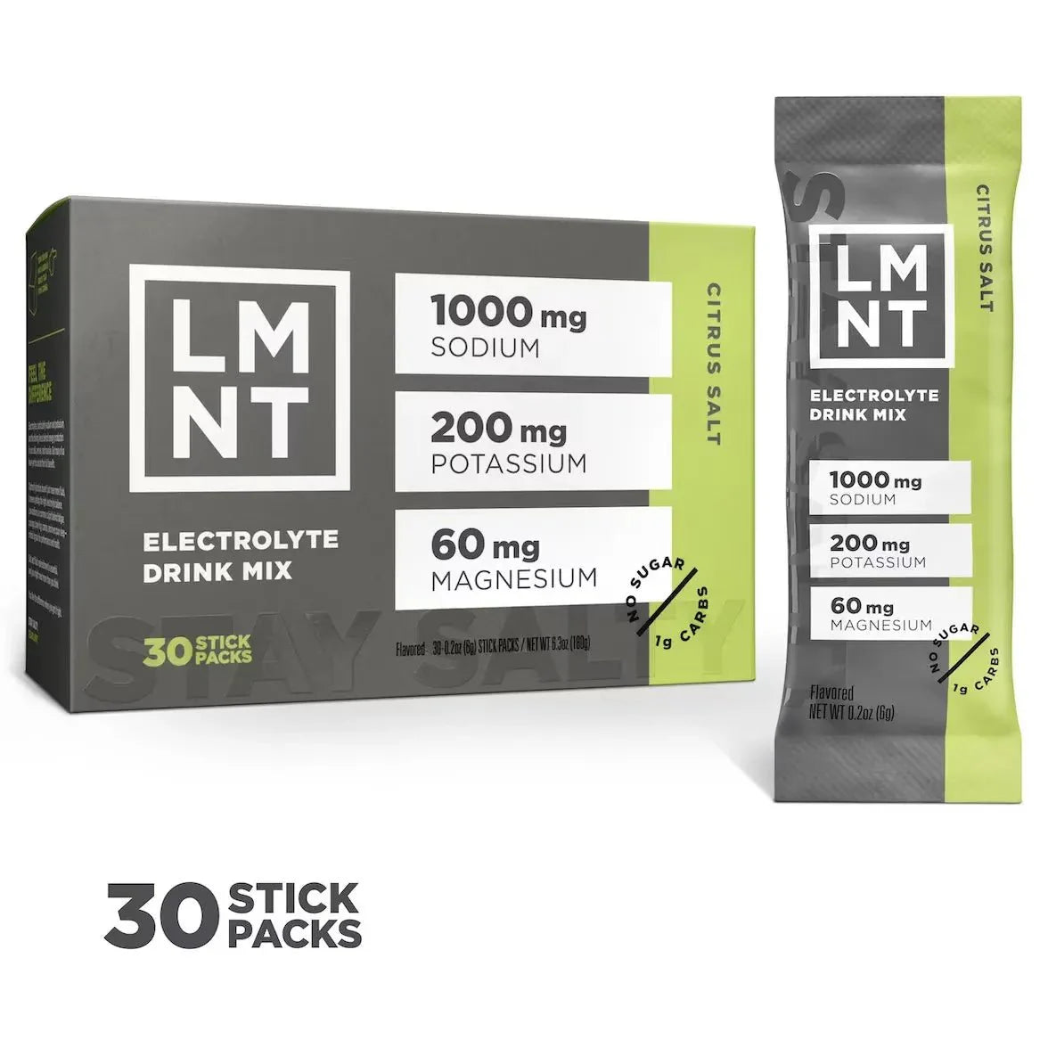 Box and single stick pack of LMNT Citrus Salt Electrolyte Mix - 30 Sticks by LMNT featuring keto-friendly low carb electrolyte drink mix with sodium, potassium, and magnesium.