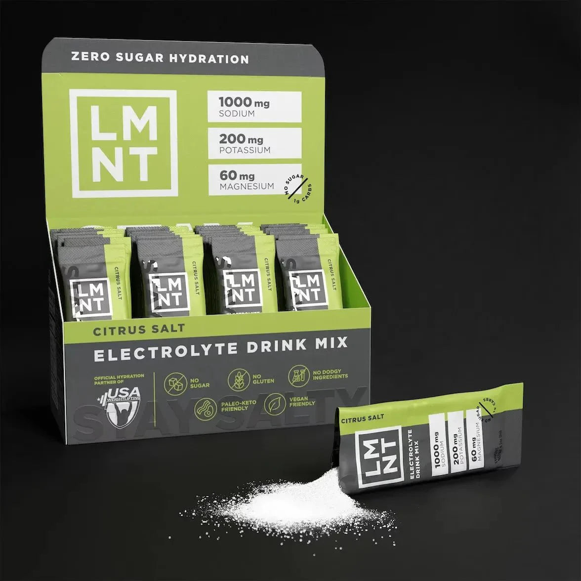 Display box of LMNT Citrus Salt Electrolyte Mix - 30 Sticks by LMNT featuring individual packets with nutritional highlights and zero sugar hydration.