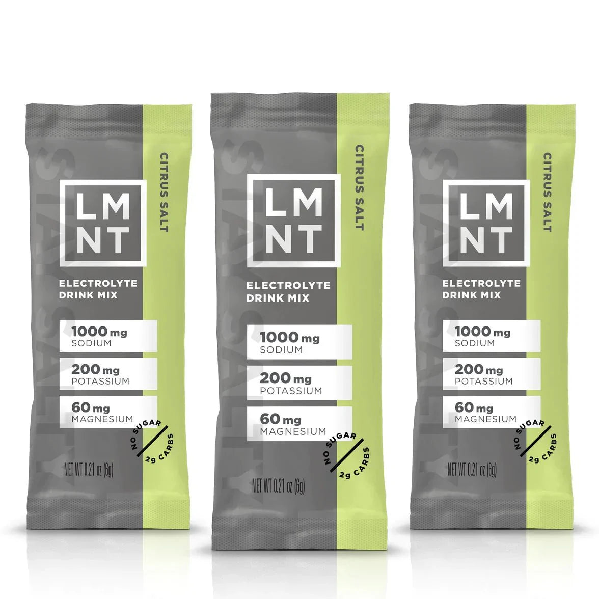 Three gray and lime green single-serve packets of LMNT Citrus Salt Electrolyte Mix with black and white text detailing.
