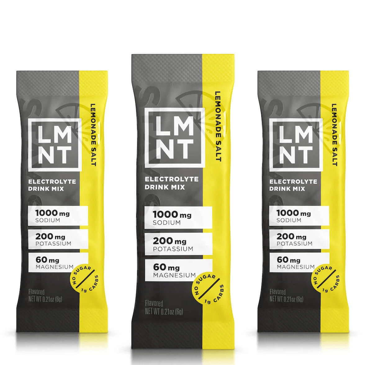 Three yellow and gray LMNT Lemonade Salt Electrolyte Mix packets with nutrition info on white background