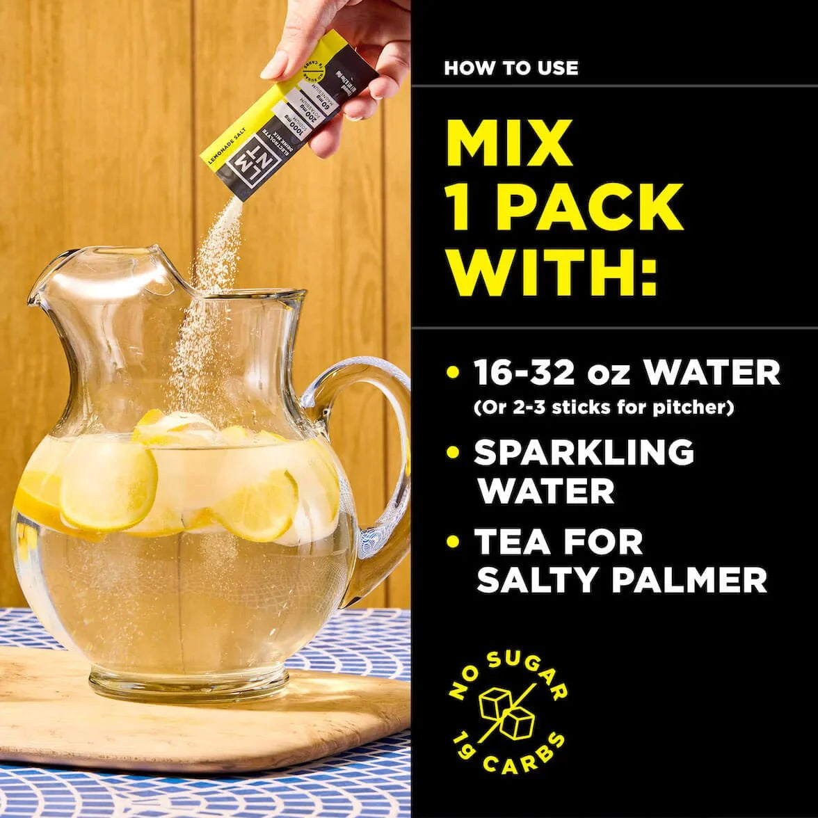 Hand pouring LMNT Lemonade Salt Electrolyte Mix into a pitcher of lemon water with usage instructions on black background