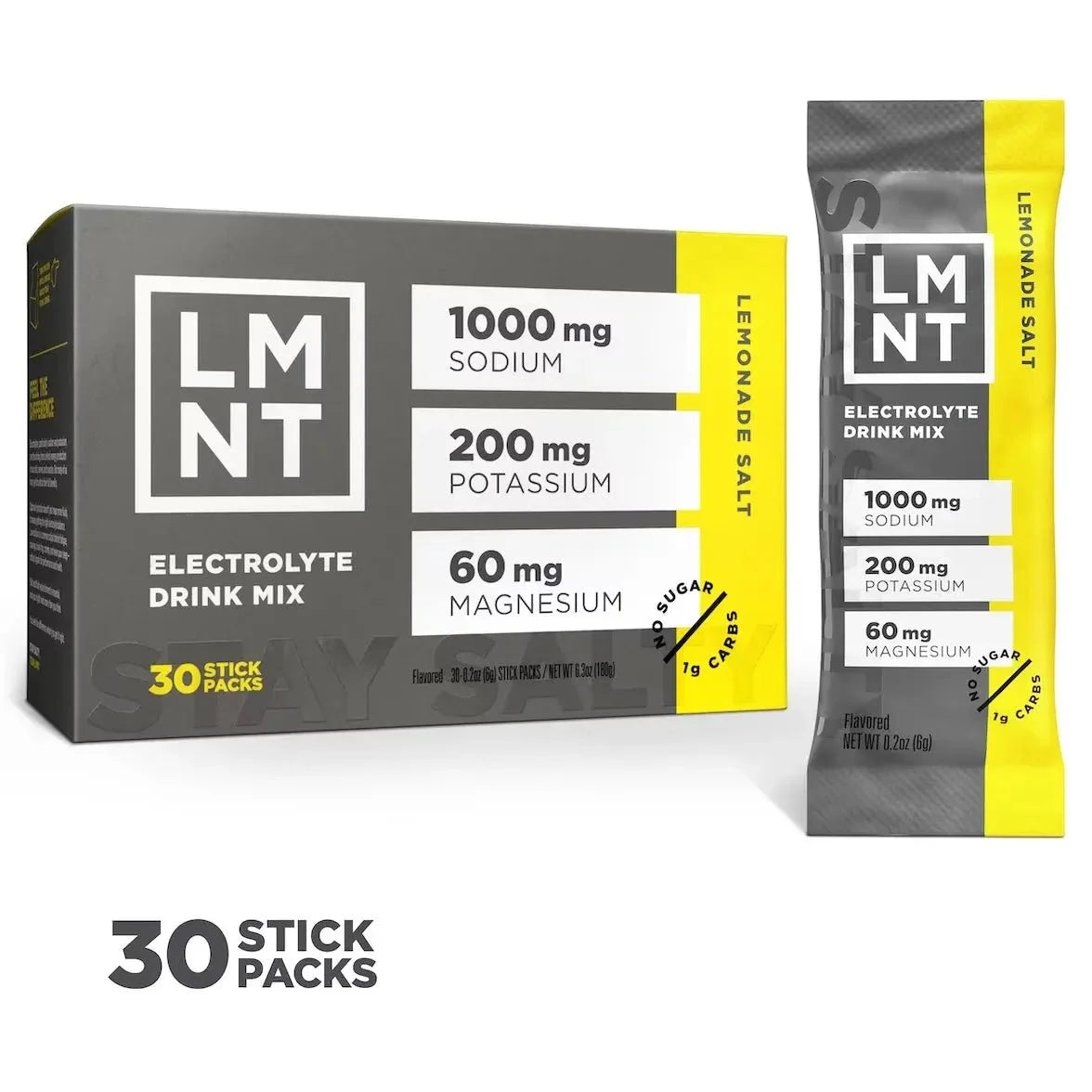 LMNT Lemonade Salt Electrolyte Mix - 30 Sticks featuring 1000mg sodium, 200mg potassium, and 60mg magnesium in keto and low carb drink mix by LMNT.