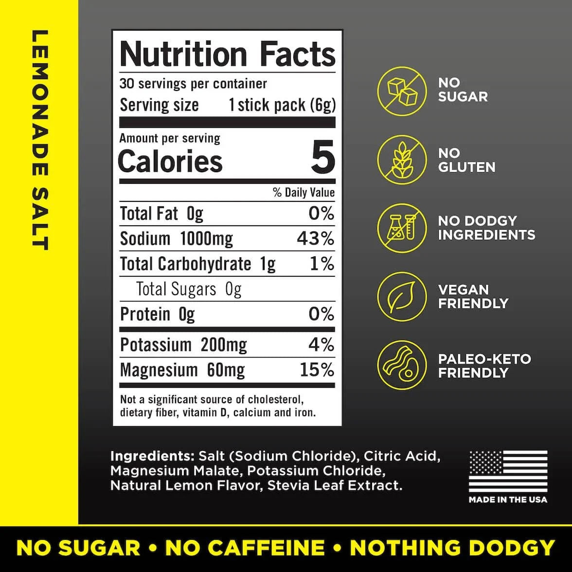 Nutrition facts for LMNT Big Variety Pack - 30 Sticks by LMNT featuring lemonade salt flavor with zero sugar, gluten-free, vegan, and keto-friendly ingredients.