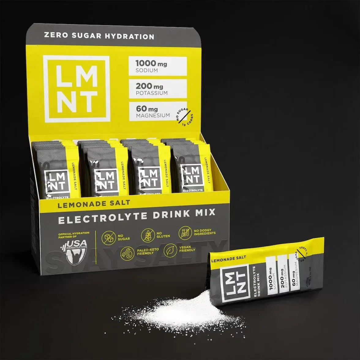 Display box of LMNT Lemonade Salt Electrolyte Mix - 30 Sticks by LMNT with single opened stick spilling white powder, highlighting keto-friendly hydration.