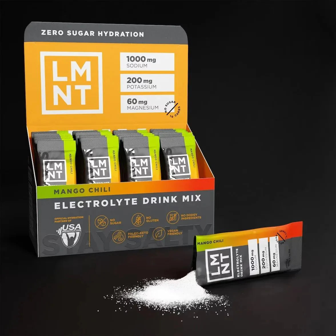 LMNT Mango Chilli Electrolyte Mix - 30 Sticks box by LMNT showing zero sugar hydration with sodium, potassium, and magnesium content and one stick spilling powder.