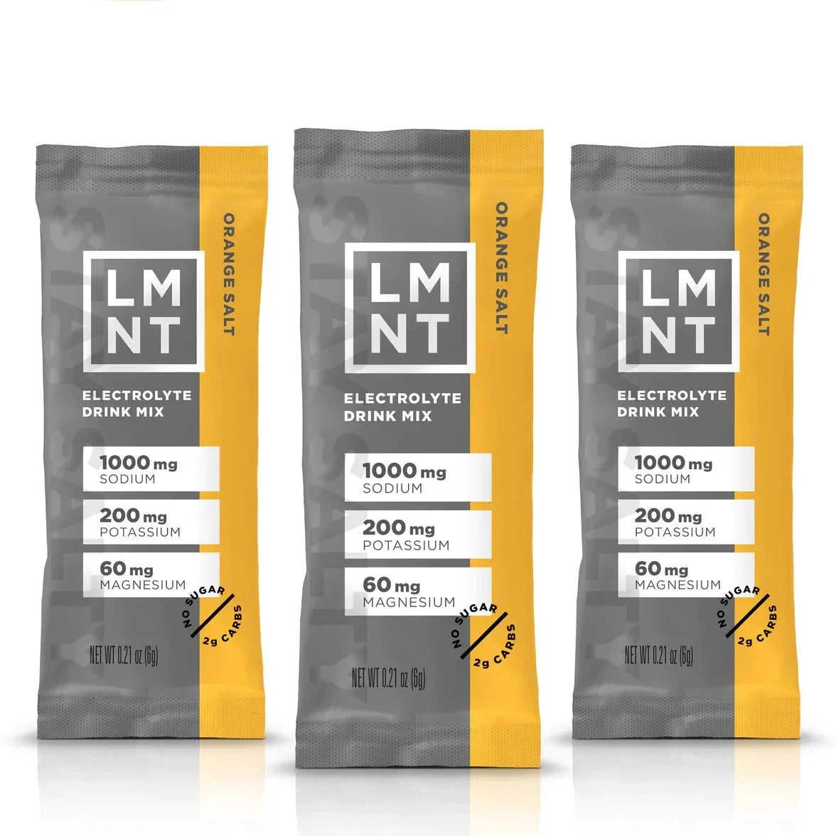 Three LMNT Orange Salt Electrolyte Mix - 30 Sticks packets showing electrolyte and carb content on gray and orange packaging