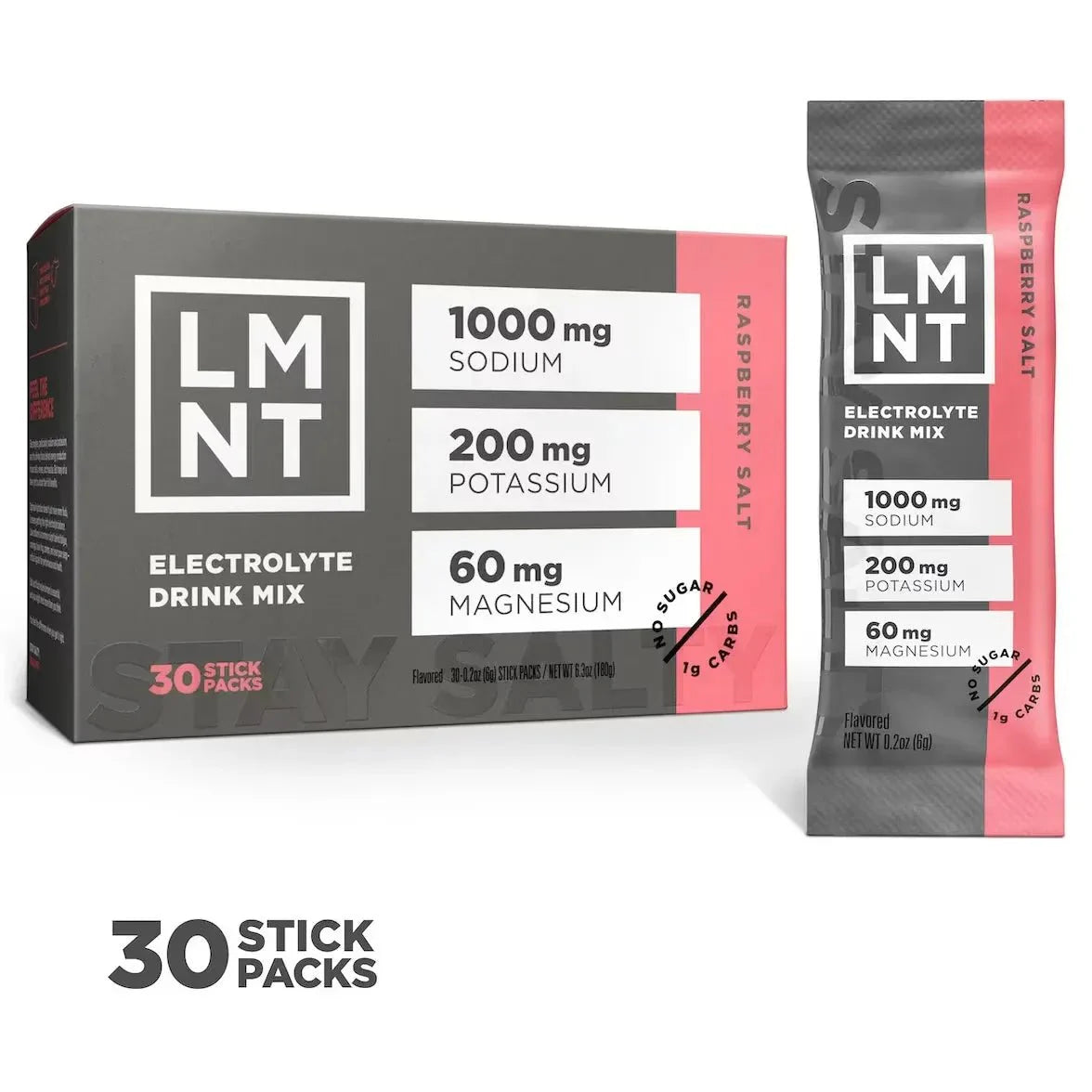 LMNT Raspberry Salt Electrolyte Mix - 30 Sticks by LMNT featuring 1000mg sodium, 200mg potassium, and 60mg magnesium per serving, keto-friendly drink mix.