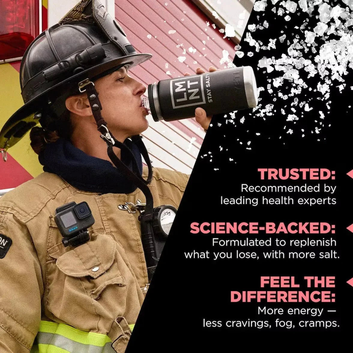 Firefighter drinking from a black LMNT Raspberry Salt Electrolyte Mix - 30 Sticks container with salt crystals and health benefits text from LMNT brand.