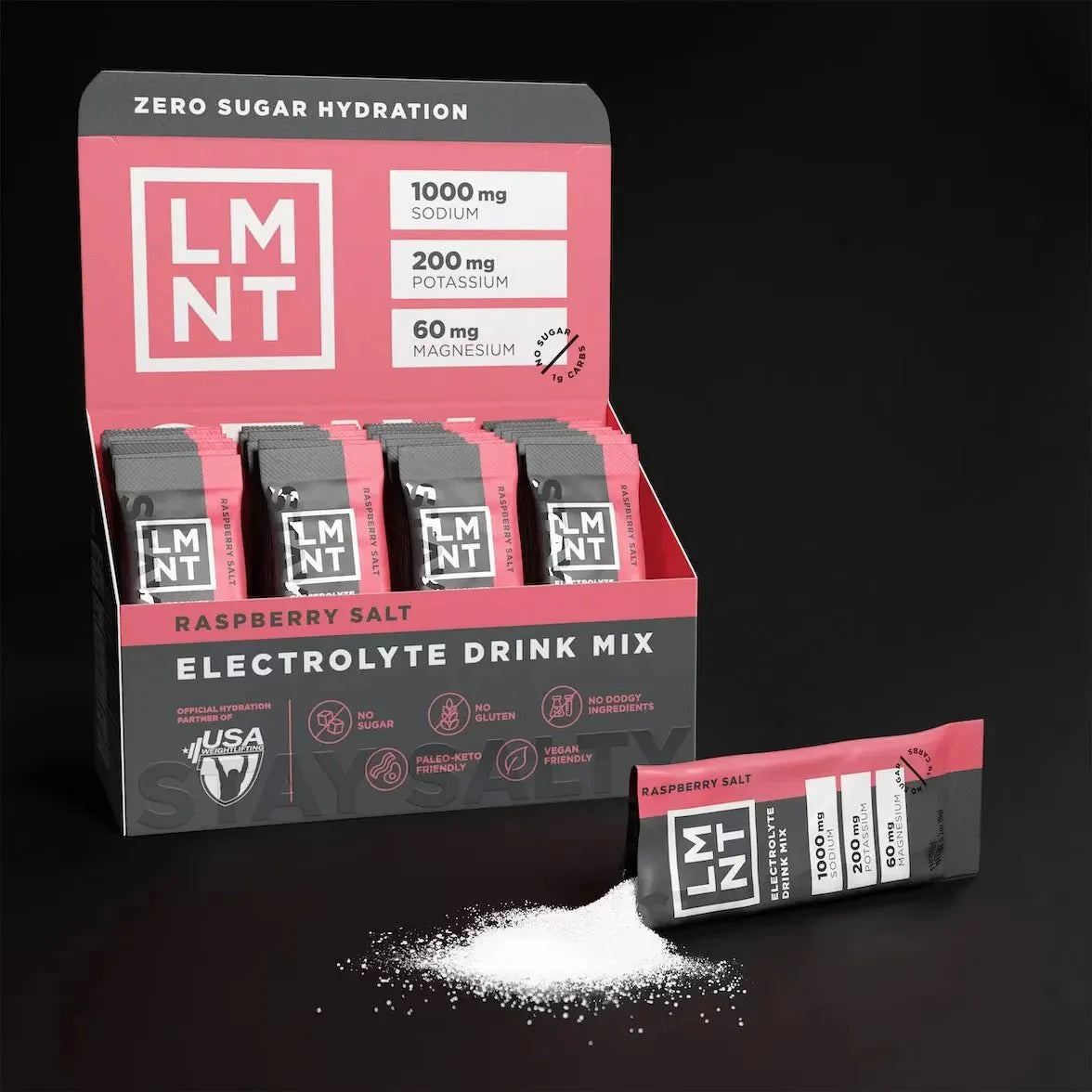 Box of LMNT Raspberry Salt Electrolyte Mix - 30 Sticks by LMNT with individual packets and powdered mix displayed, low carb keto hydration option.